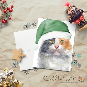Longhair Calico Cat Christmas Card~Warm and Cozy Santa Cat Cards~Feline Stationery~Gift for Cat Lady~