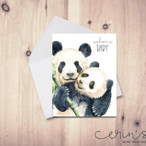 Panda Baby Shower Card~Watercolor Panda Mama and Baby Greeting Card~Welcome Little One Folding Card~Watercolor Baby Animal Greetings