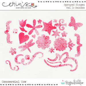 May include: A digital download of 16 pink sprayed shapes, including a heart, stars, flowers, butterflies, and swirls. The shapes are on a white background. The text "Sprayed Shapes Vol. 1: Random" is at the top of the image.
