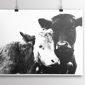 May include: Black and white watercolor painting of two cows cuddling. The cow on the left is white with black spots, and the cow on the right is black with a white face.