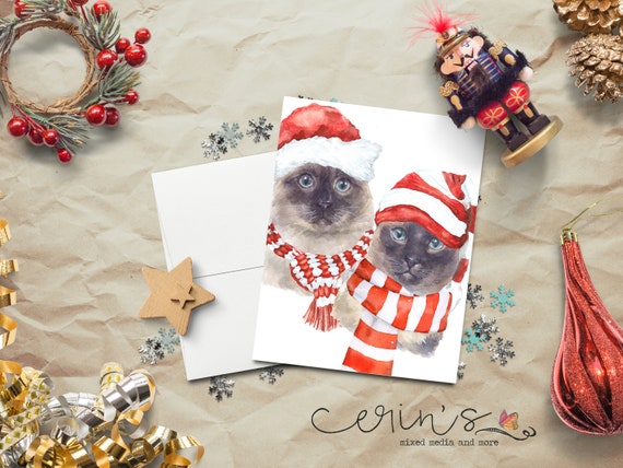 Santa Siamese Cat Friends Holiday Card~warm and Cozy Two Cats