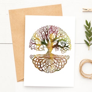 5x7 Tree of Life Card~Brown Watercolor Tree Notecard~Celtic Tree Greetings~Pretty Colorful Cards