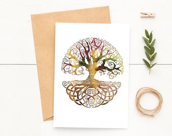 5x7 Tree of Life Card~Brown Watercolor Tree Notecard~Celtic Tree Greetings~Pretty Colorful Cards