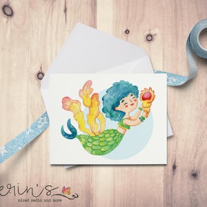 Blue Mermaid Watercolor Notecard~Cute Mermaid Cards~Gift for Mermaid Lover~Mermaizing GiftsMermaid Party Invitation~Mermaid Gifts