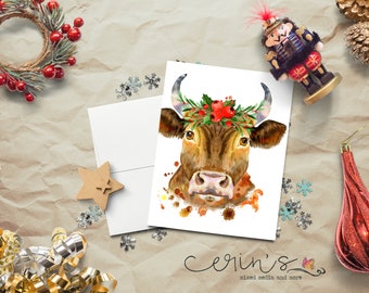 Brown Horned Cow with Holly Christmas Card~Farm Animal Holiday Stationery~Brown Christmas Cow Card~Cow Gifts