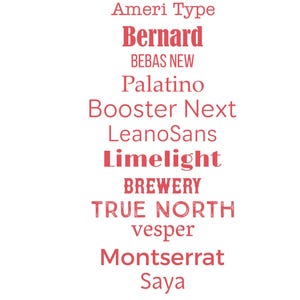 May include: A vertical list of text in a salmon-pink color featuring various font names: Roboto, Ameri Type, Bernard, BEBAS NEW, Palatino, Booster Next, LeanoSans, Limelight, BREWERY, TRUE NORTH, vesper, Montserrat, Saya, and Sherlock on a white background.