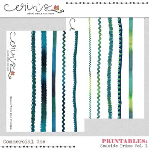 May include: Digital printable trims in shades of teal, blue, and green. The image features various decorative borders with different textures and patterns, including beaded, wavy, and fringed designs. The text "Seaside Trims Vol. 1 Printable" is visible.