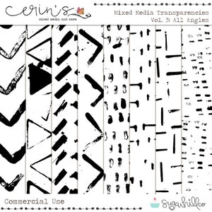 May include: Black and white mixed media transparencies with geometric patterns. The patterns include triangles, lines, and dots. The text "Mixed Media Transparencies Vol. 3: All Angles" is at the top of the image. The text "Commercial Use" is at the bottom of the image.