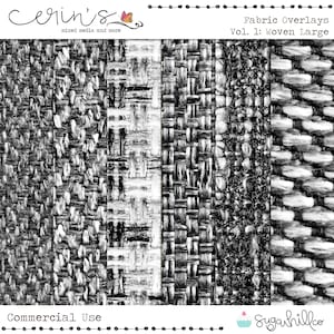 May include: Set of five black and white woven fabric textures. The textures are in a variety of patterns, including a herringbone pattern, a basket weave pattern, and a plain weave pattern. The textures are labeled "Fabric Overlays Vol. 1: Woven Large".