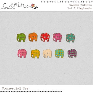 Wooden Elephant Buttons~Digital Valentines Day Elements~Colorful Commercial Use Scrapbooking Elements~Printable Collage Accents