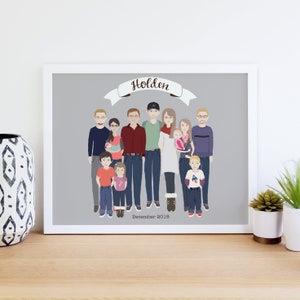 Printable Custom Extended Family Portrait With Name Banner~Digital Illustrated Family~Gift for Mothers