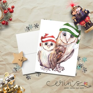 Winter Barn Owl Babies Card~Christmas Owl Cards~Farm Animal Holiday Stationery~Bird Christmas Cards