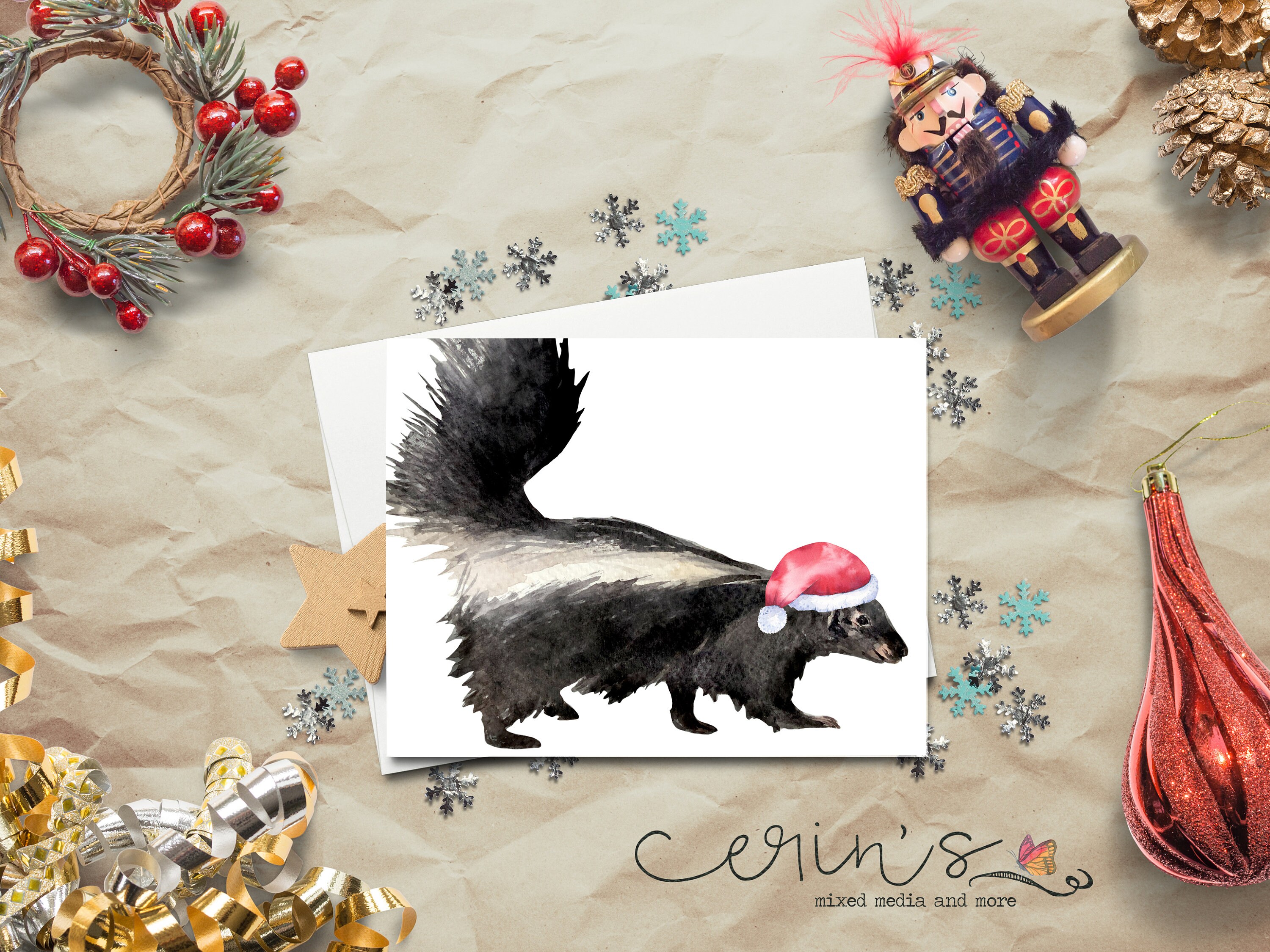 Watercolor Santa Skunk Christmas Card~Woodland Animal Cards~Santa Skunk Christmas Greeting Cards