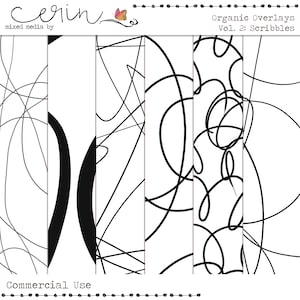 May include: Four black and white abstract scribble designs. The designs are made up of lines and curves. The designs are on a white background. The text "Organic Overlays Vol. 2: Scribbles" is at the top of the image.