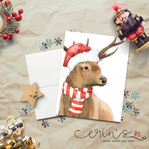 Watercolor Winter Buck Christmas Card~Woodland Animal Christmas Card~Deer in a Santa Hat Card