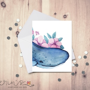 Pretty Floral Whale Note Cards~Watercolor Whale Blank Cards~Peek-a-boo Whale Thank You Greeting Card