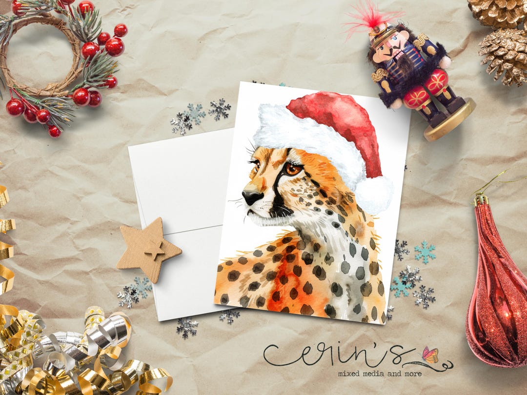 Santa Cheetah Card Set~watercolor Christmas Cards~african Animal Note ...