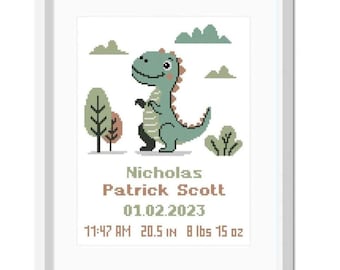 Made to Order Dinosaur T-Rex Baby Birth Announcement,Baby Shower Gift, Completed/Finished Cross Stitch,Nursery Decor,Needlework Art