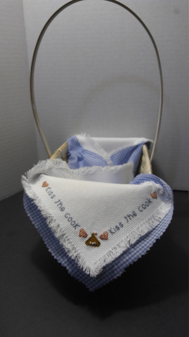 Hershey Kiss motif Kiss the Cook saying Completed Cross Stitch Basket Liner,Gift Basket,Finished Cross Stitch,Kitchen Decor,Loves to Cook