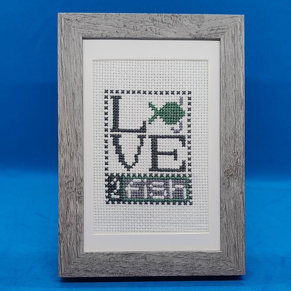 Love Fishing,Father's Day Gift, "Love 2 Fish", Hook & Fish Motif, Silver Charm, Completed/Finished Cross Stitch, Handmade,Home/Office Decor