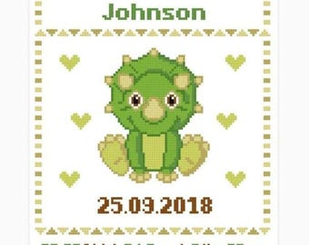 Made to Order Dinosaur Stegosaurus Baby Birth Announcement,Baby Shower Gift, Completed/Finished Cross Stitch,Nursery Decor,Needlework Art