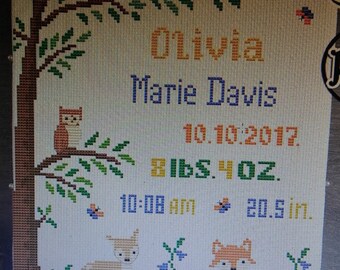 Made to Order Baby Boy or Girl Birth Record/Announcement Woodland/Forest Animals,Completed Cross Stitch,Finished Cross Stitch,Nursery Decor