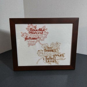 Words Made Into a Form of Two Autumn Leaves Completed Cross Stitch Framed,Finished Cross Stitch,Fall Decor,Home Decor,Handmade,Fall Season