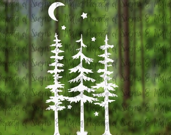 Décalque de nuit de forêt - Décalque de voiture - Décalque de fenêtre - Décalque d'ordinateur portable - Décalque de tablette - voyage, randonnée, amour de PNW, arbres, croissant de lune