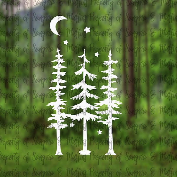 Forest Night Decal - Car decal - Window decal - Laptop decal - Tablet decal - travel, hiking, PNW love, Trees, Crescent Moon
