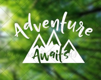 Adventure Awaits mountain with hand writing text - Car decal - Window decal - Laptop decal - Tablet  decal - Travel