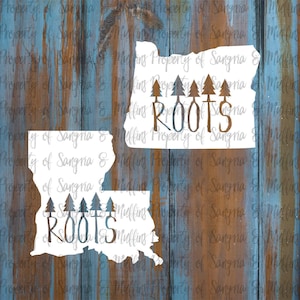 May include: Two white silhouettes of the states of Oregon and Louisiana. Each state shape features the word ROOTS in brown capital letters, with each letter topped by a small brown pine tree icon. The design is overlaid with a watermark text.