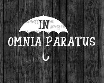 May include: A white graphic decal featuring a stylized umbrella icon with the text IN OMNIA PARATUS positioned across the center. The design is presented against a dark, vertical wood grain background with visible texture and natural lines.