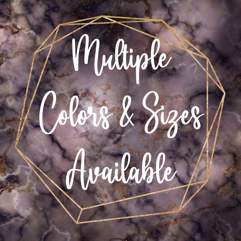 a text overlay on a marble background that reads "Multiple Colors & Sizes Available".