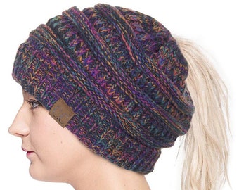 Womens Two Toned Mixed High Ponytail Beanie