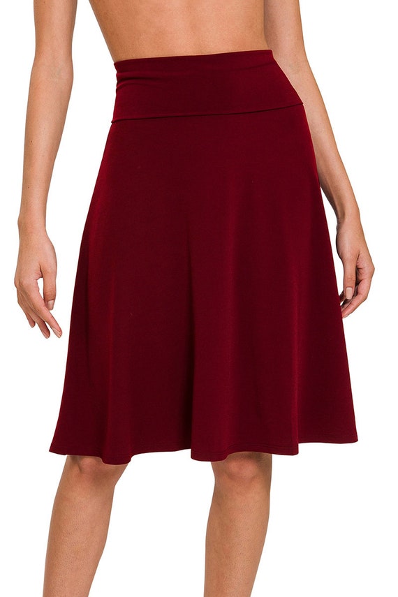 Womens High Waist Fold Over Knit A-Line Flared Midi Swing BLACK Skirt Nice  Fabri | eBay