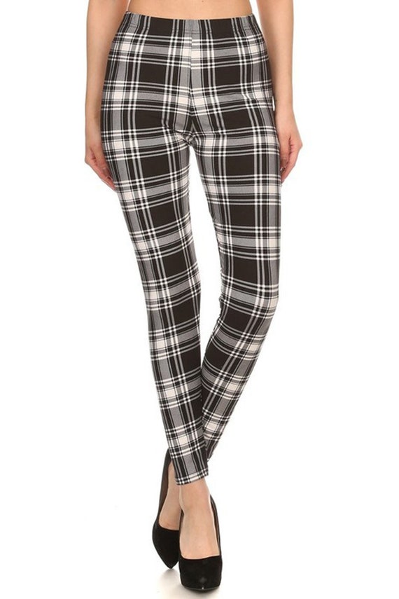 Womens One Size Graphic Print Plaid Leggings One Size PT1 