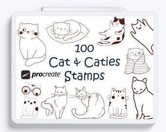 100 timbri a forma di gatto per Procreate: pennelli per scarabocchi a forma di gattino (download immediato)