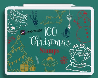 100 francobolli natalizi per Procreate: set di pennelli per scarabocchi natalizi (uso commerciale) (download digitale)