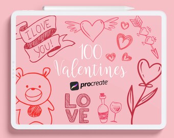 Pennelli Procreate per San Valentino: 100 timbri dipinti a mano (download immediato)