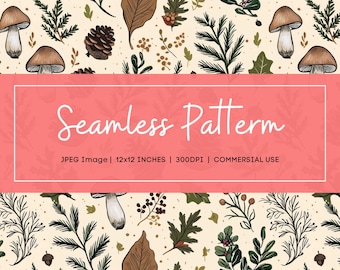 Woodland Journal Paper, Seamless Fall Forest Pattern, Autumn Junk Journal Background, Forest Digital Paper Set, Mushroom Leaves Design