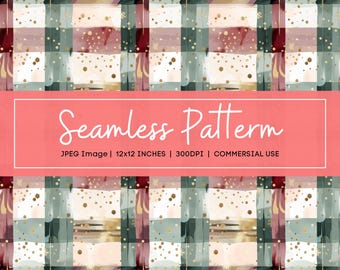 Watercolor Christmas Plaid Digital Paper, Modern Holiday Background, Gold Dot Seamless Pattern, Winter Printable Paper Set