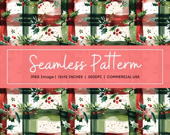Christmas Plaid Digital Paper, Watercolor Holiday Background, Seamless Christmas Pattern, Rustic Winter Woodland Paper Set
