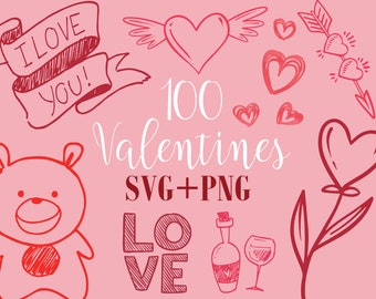 Pacchetto di clipart scarabocchi di San Valentino: 100 file SVG e PNG (download digitale)