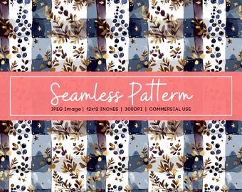 Winter Blue Gold Floral Plaid Digital Paper, Seamless Holiday Pattern, Elegant Watercolor Background, Christmas Printable Paper Set