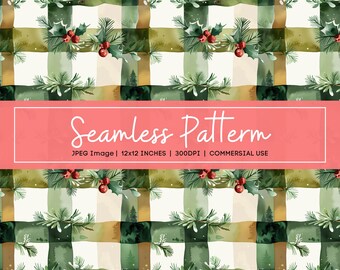 Woodland Christmas Plaid Digital Paper, Watercolor Holiday Pattern, Seamless Green Pine Background, Rustic Winter Printable Design