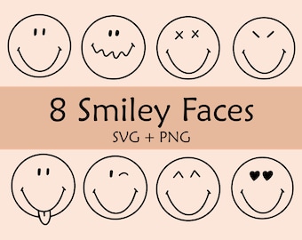 8 Smiley Face SVG PNG Clipart: Emoji Doodle disegnato a mano (download digitale)