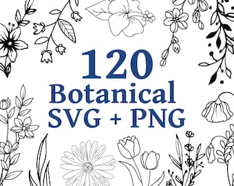 Może przedstawiać: Czarno-biała ilustracja 120 plików botanicznych SVG i PNG. Obraz przedstawia różne kwiaty, liście i łodygi.