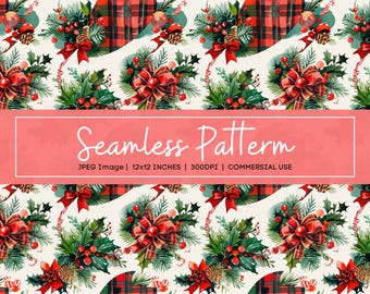 Christmas Floral Plaid Digital Paper, Seamless Holiday Pattern, Red Green Winter Background, Festive Candy Cane Printable Design