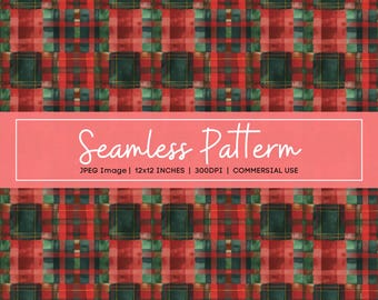 Christmas Tartan Plaid Digital Paper, Seamless Holiday Pattern, Red Green Check Background, Rustic Winter Printable, Festive Fabric Design
