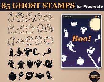 May include: A digital collection of 85 ghost stamps for Procreate, featuring various black-and-white ghost illustrations in outline and solid styles, displayed alongside a tablet screen showing a night scene with white ghosts and the text Boo!